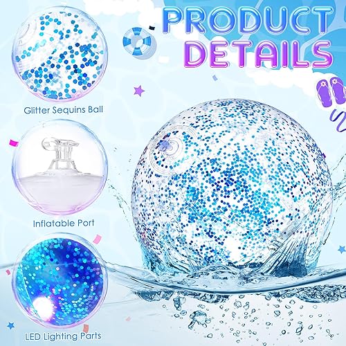 Miniatura 2 de 48 pelotas de playa de 12 pulgadas iluminadas para piscina, bola de playa que brilla en la oscuridad, pelota de playa inflable LED con confeti con