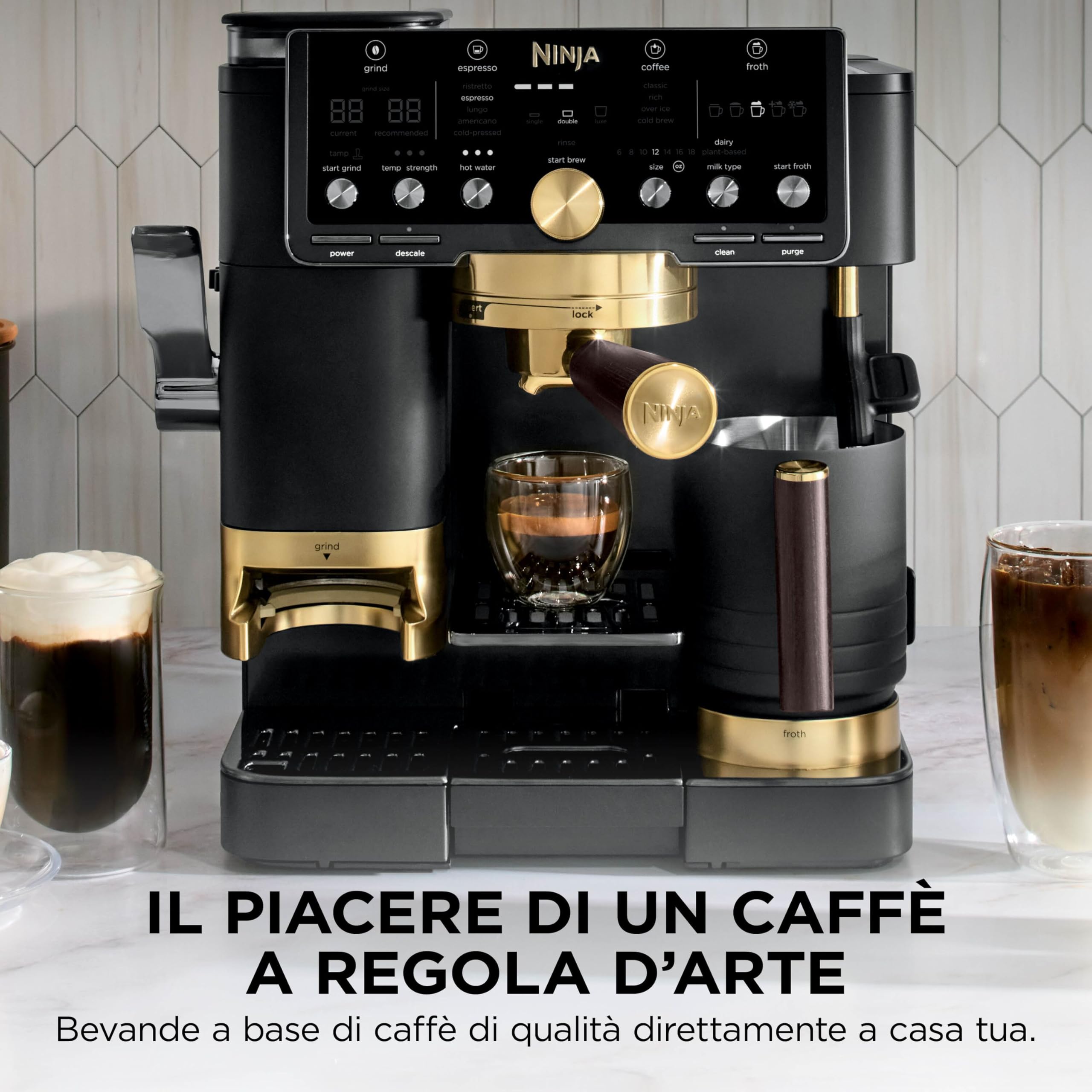 Ninja Luxe Pro Macchina Caffè, Macchina Latte, Cappuccino, Caffè Freddo, Espresso con Macinacaffè Integrato, Montalatte, Facile da usare, 5 Programmi Automatici Schiuma, ES771EUBK