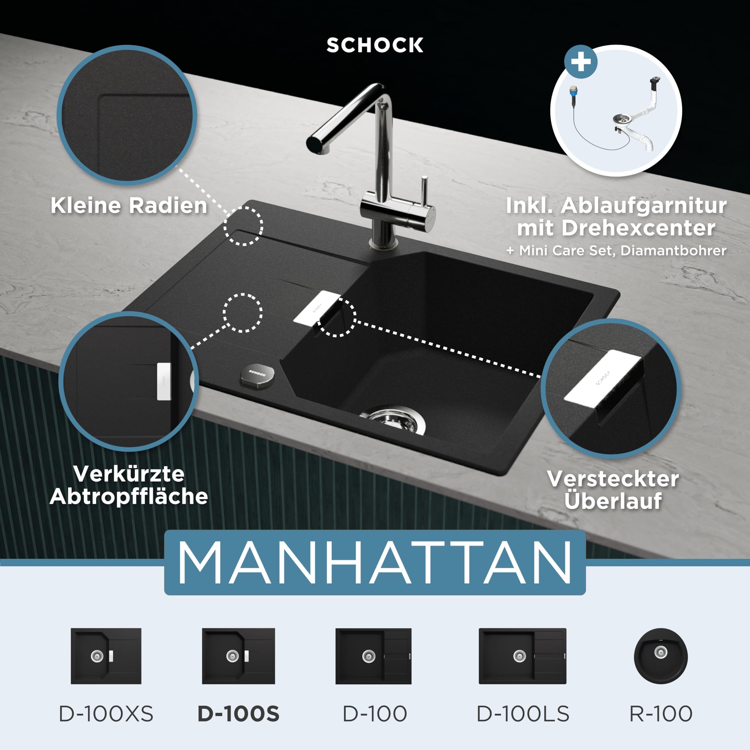 SCHOCK Küchenspüle Manhattan D-100S in Onyx I Granitspüle mit Abtropffläche I Einbauspüle für 45 cm Unterschrank I kratzfeste Cristalite Spüle I pflegeleichte Design Spüle mit Excenterbedienung
