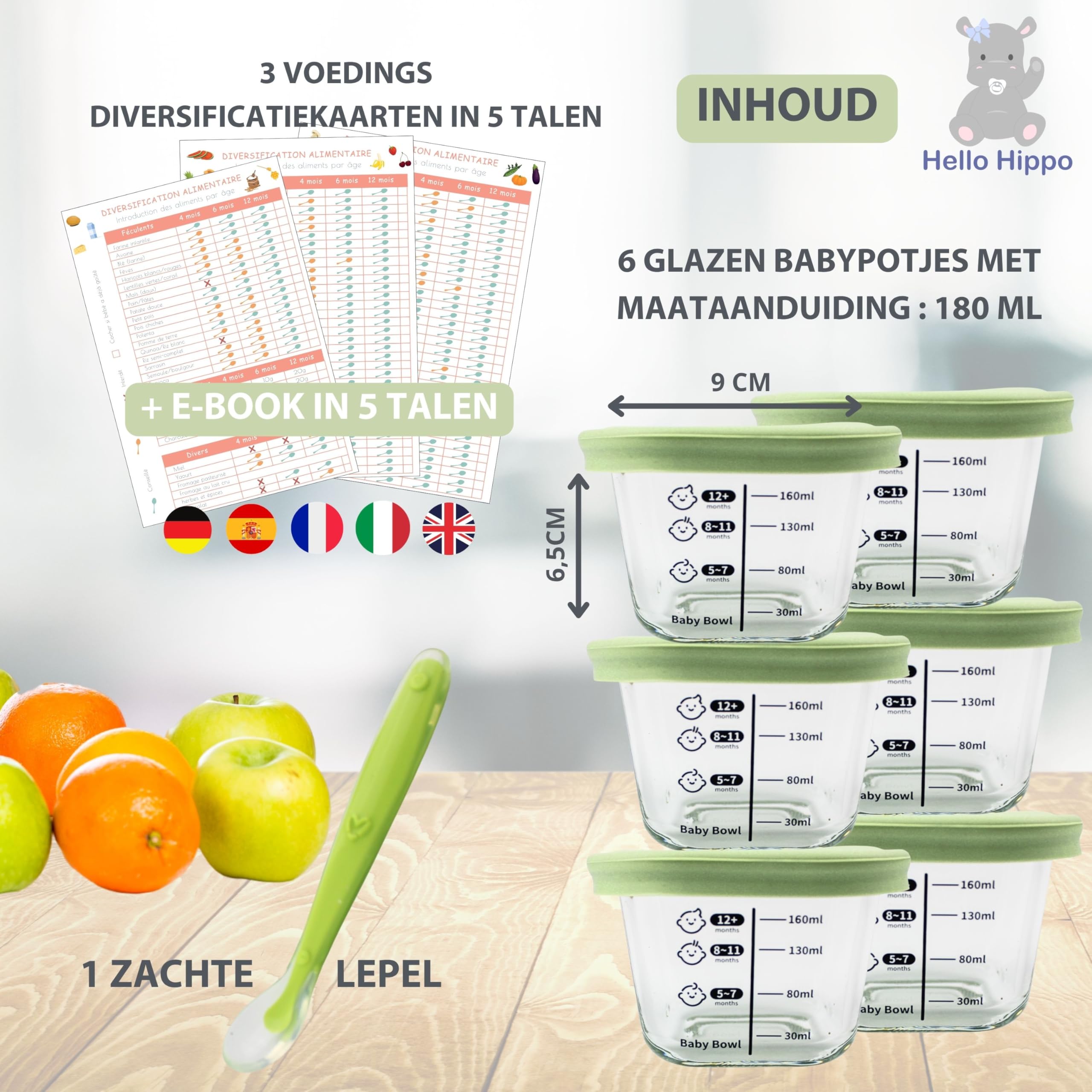 HELLO HIPPO® Zestaw 6 szklanek dla niemowląt, 180 ml – idealny do kompotów, przecierów i frutas, Herméticos y Prácticos con Graduación, Cuchara Incluida – Perfectos para Comidas de Baby