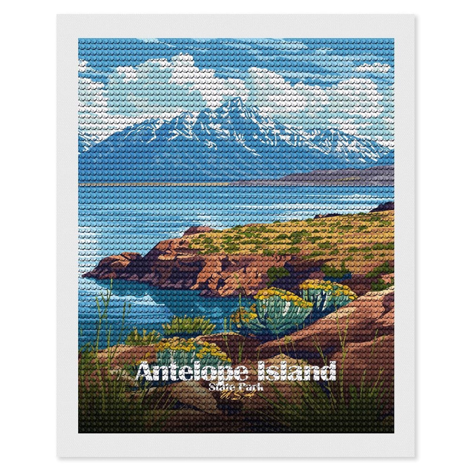 Junmoney Antelope Island State Park Illustration Diamond Art Canvas 16"x20", Decorate Your Room, Mindful Craft Activity, Cosy Home Accent, Thoughtful Handmade Gift