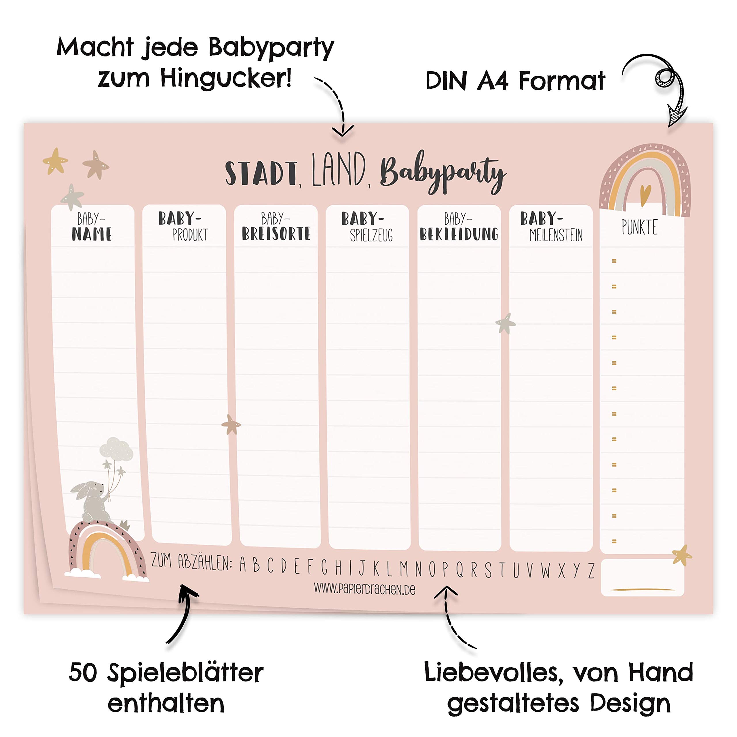 Papierdrachen Blocco Gioco Città-Paese-Bambino Per Baby Shower - Tema Femmina - 50 Fogli Formato A4, Idea Regalo Per Futura Mamma
