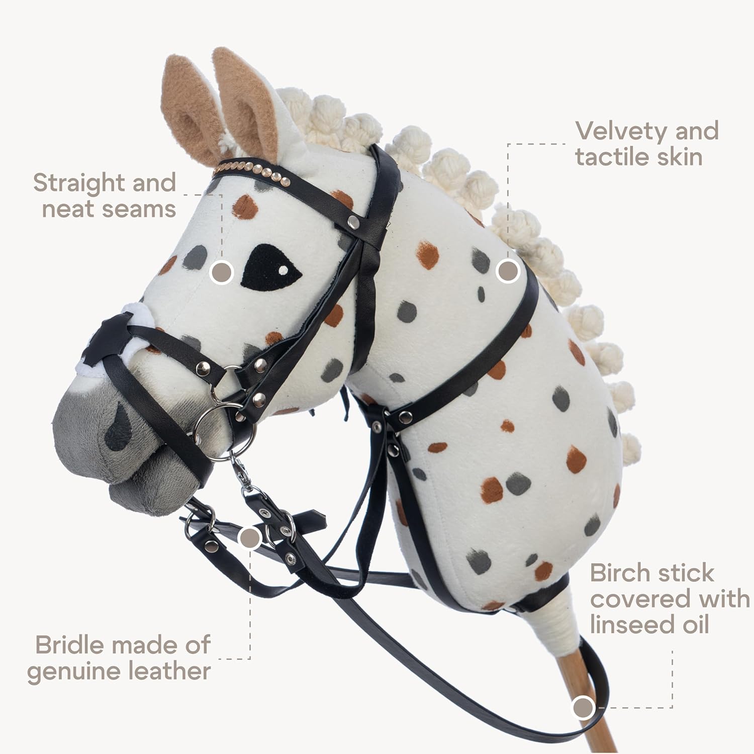 Hobbyhorse with Bridle | Realistic stickhorse | White Spotted Beauty