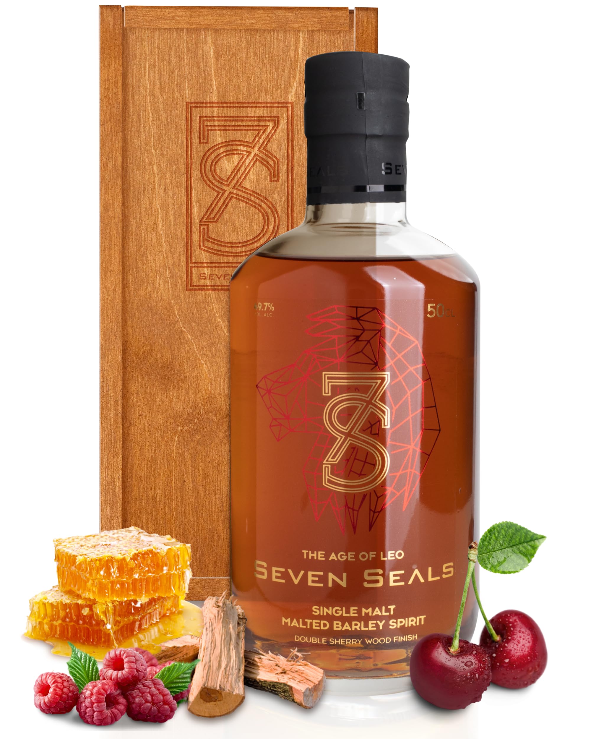 Seven Seals - The Age of Leo Premium Single Malt 0,5 I Geschenkset mit Holzbox I Wunderbar intensives & fruchtiges Aroma I Angenehm holziger Geschmack I 49,7% Alkohol