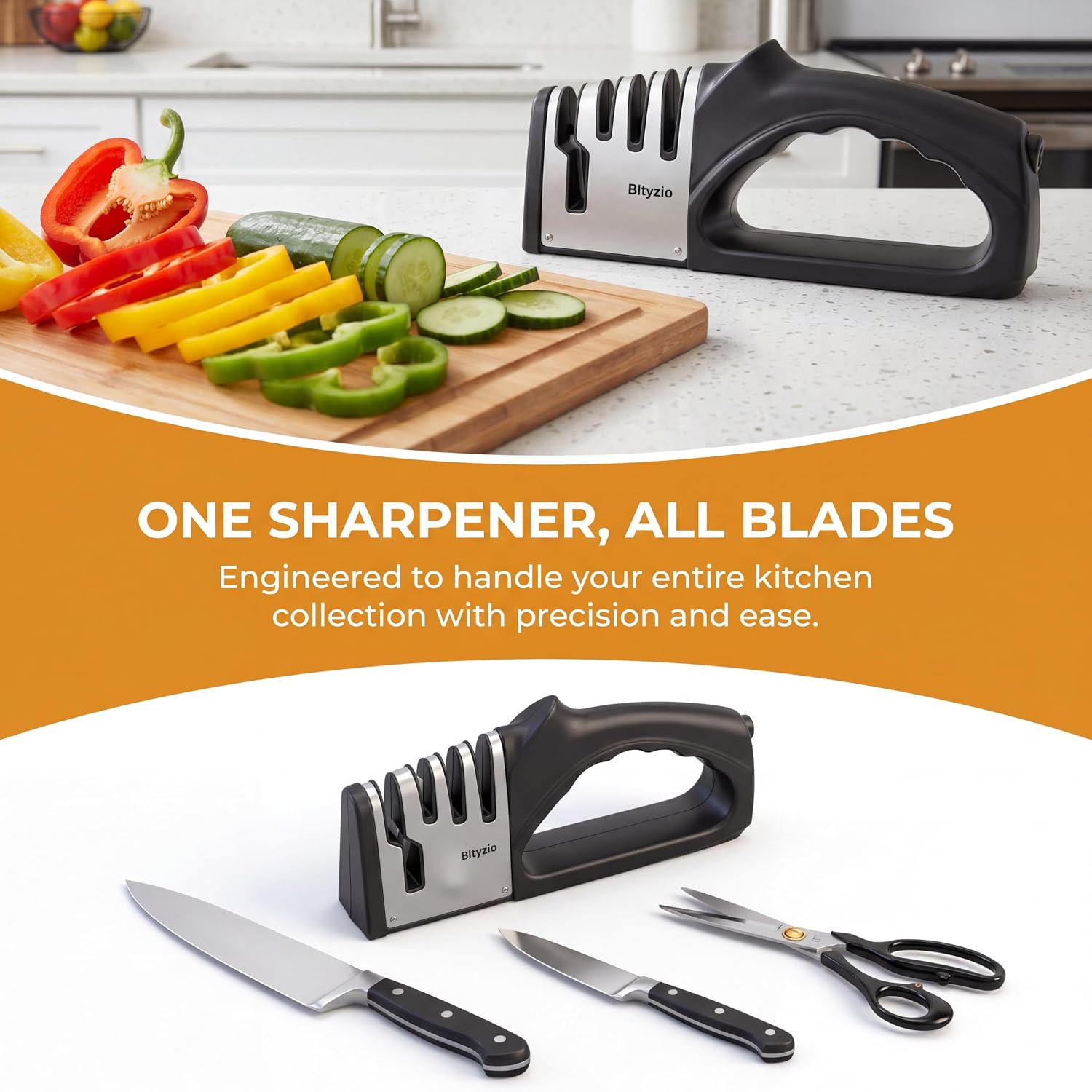 4-in-1 Knife Sharpener for Kitchen Knives & Scissors, Manual Pull Through Sharpener with Tungsten Steel & Ceramic Slots, Professional Kitchen Knife Sharpening Tool with Non-Slip Base