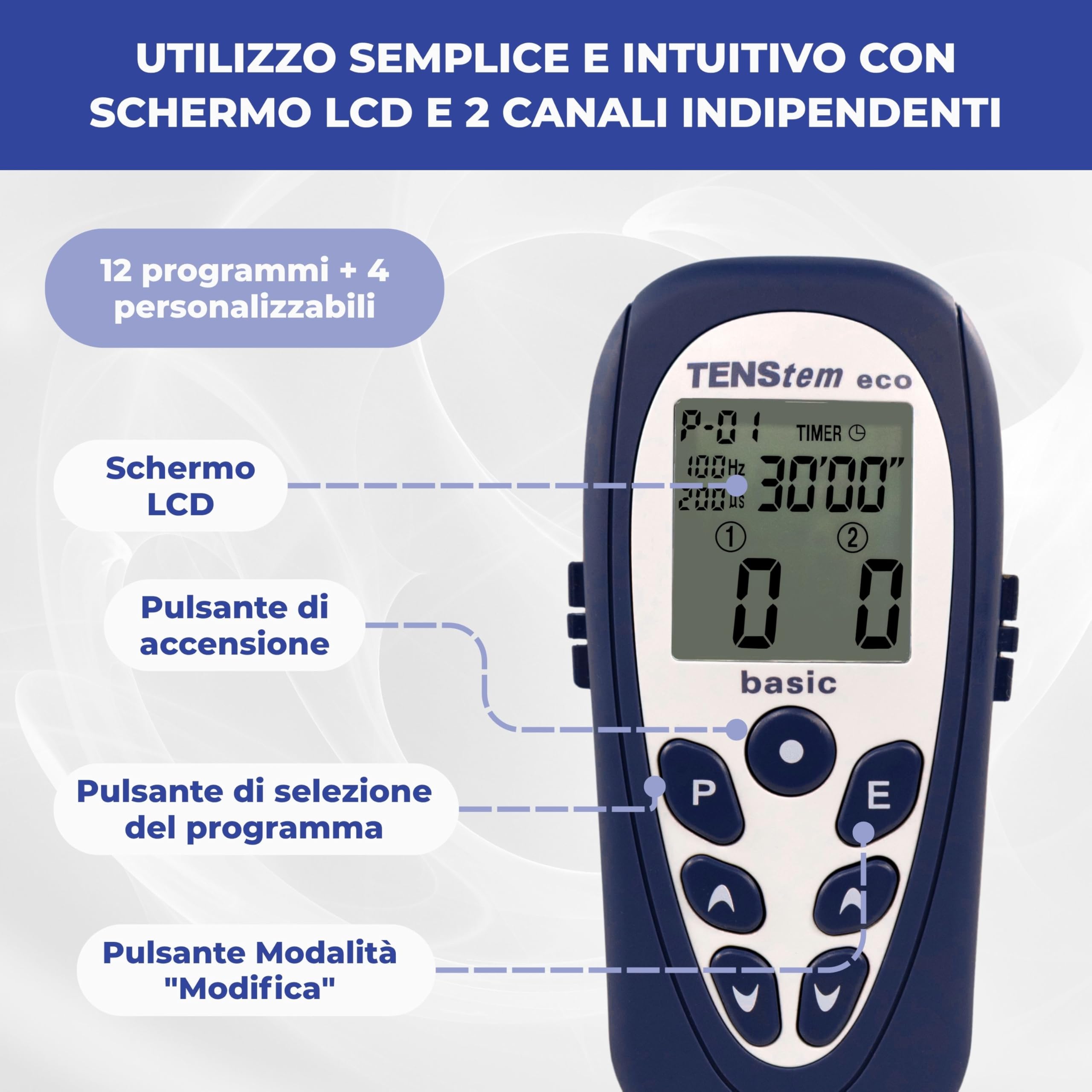 Tens Eco Basic, Elettrostimolatore Portatile, 2 Canali, 12 Programmi + 4 Personalizzabili, Sollievo dal Dolore, Stimolazione Muscolare e Ionoforesi Non Invasiva, Schermo LCD