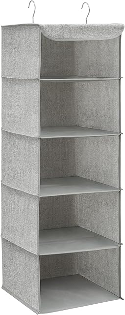 SONGMICS Hanging Storage Shelves, Wardrobe Clothes Organiser, Wardrobe Storage Organiser, Space-Saving and Foldable, Metal Hooks and Bamboo Inserts, Linen Pattern, Light Grey RCH005W01