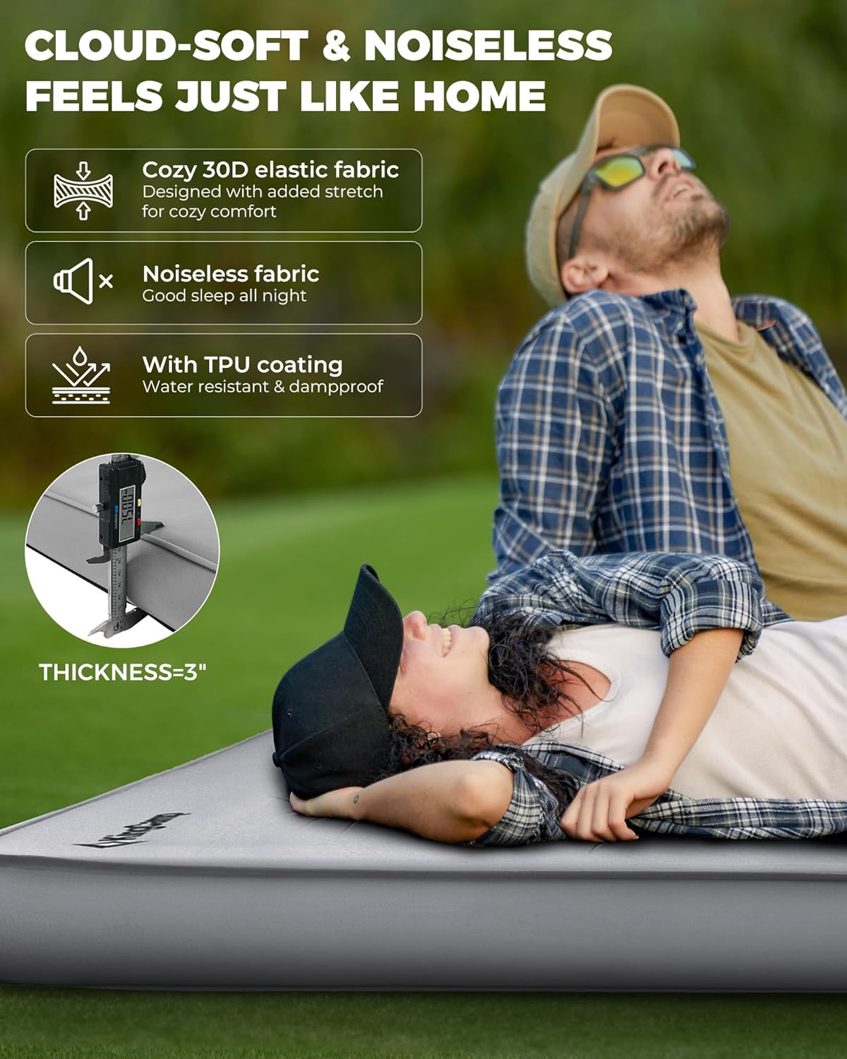 KingCamp Self Inflating Sleeping Pad, R 7.9 Air & Foam Camping Mattress 2 Person, 3" Thick Full Size Double Sleeping Pad with Air Pump & Pillow Camp Tent Outdoor Car, PVC Free (Grey)