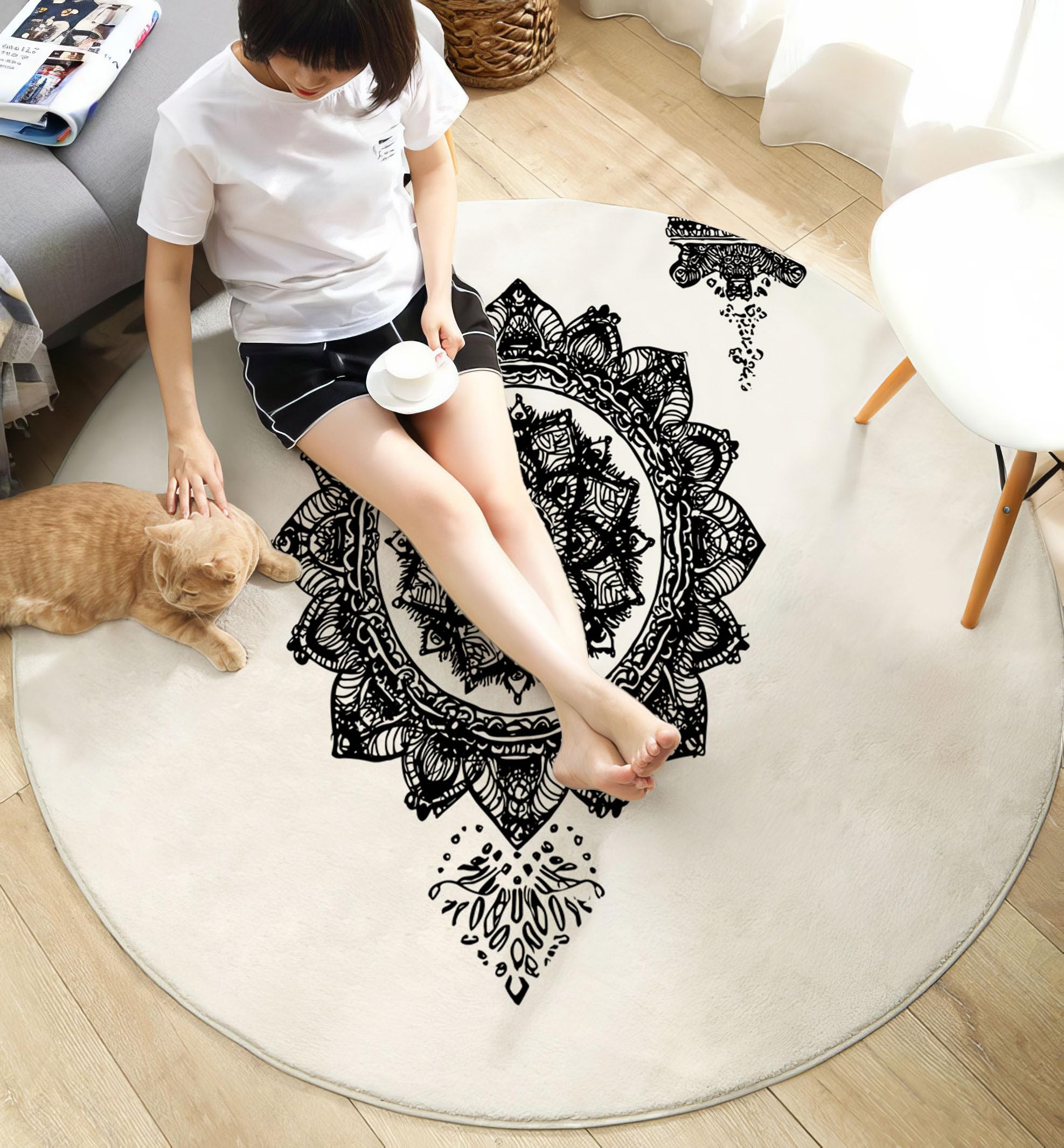 Tapis Rond Mandala Noir Et Blanc pour Salon, 180cm Circulaire Tapis Art Géométrique Minimaliste Douce Lavable Et Antidérapante pour Chambre Intérieure, Blanc