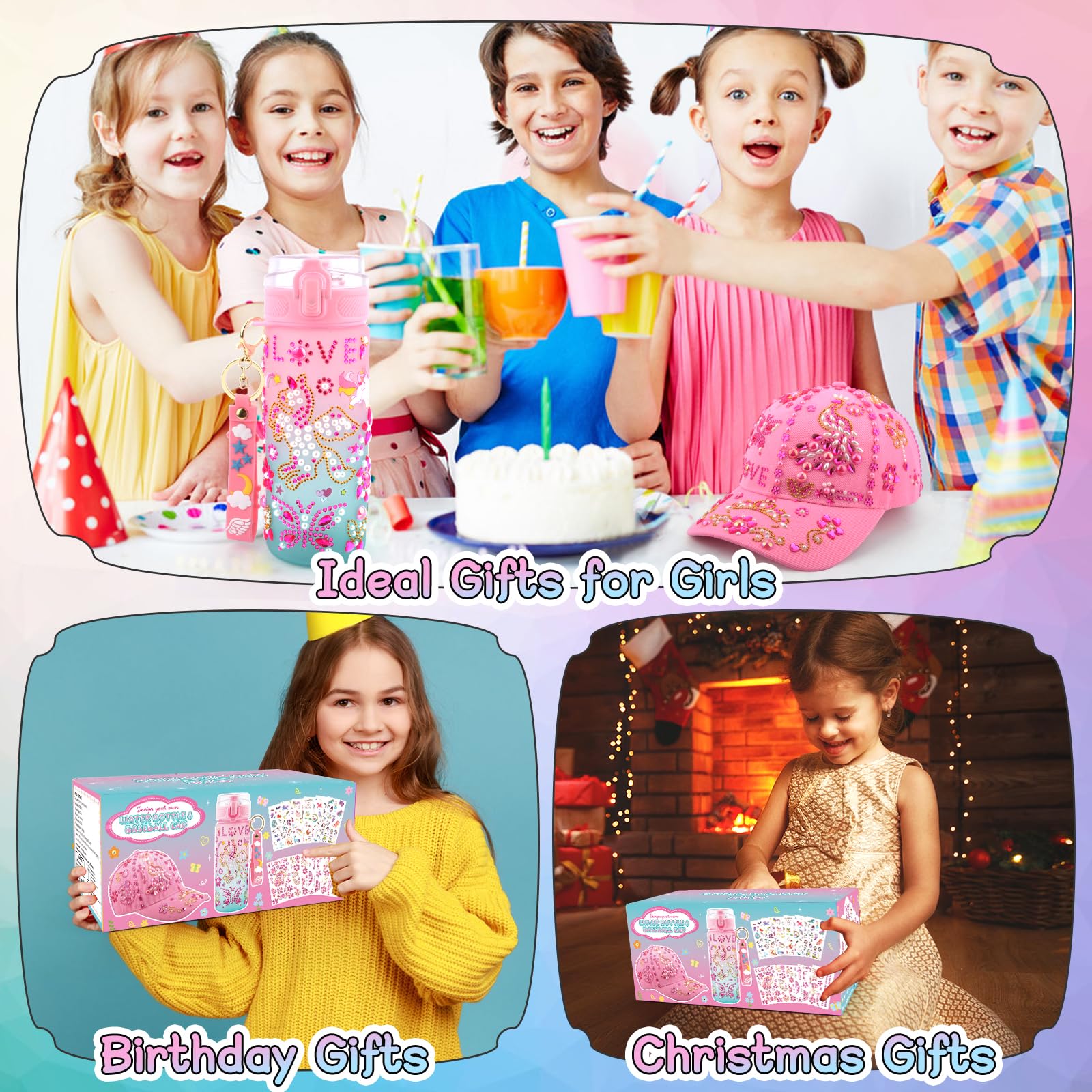 FORMIZON DIY Geschenkset Für Mädchen – Trinkflasche & Baseballkappe Mit Glitzersteinen & Einhorn-Aufklebern
