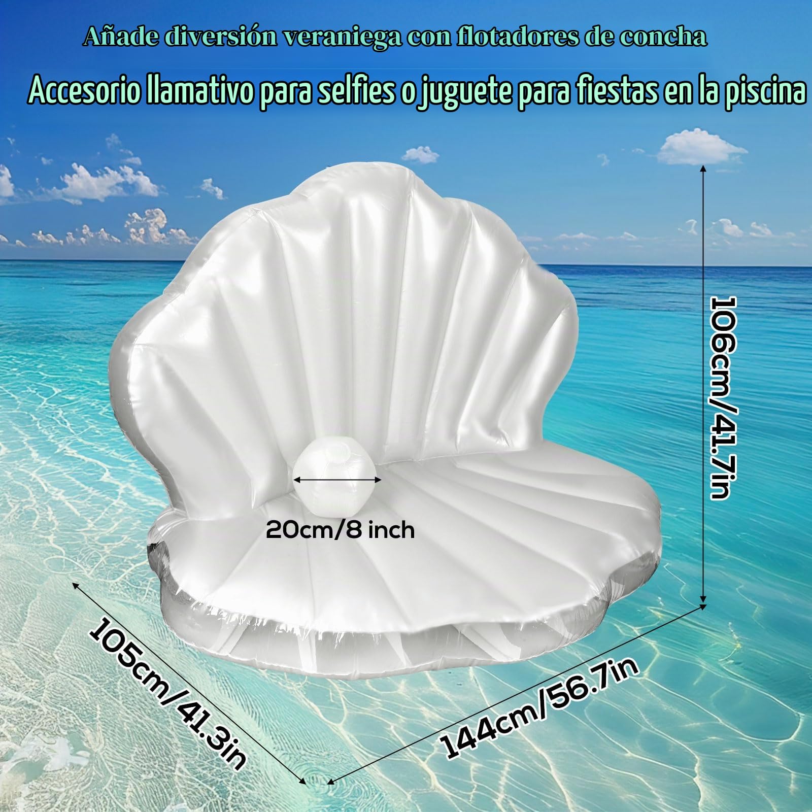 BOXOB Flotador de Piscina de Concha Marina, 144cm Grueso Inflable Gigante con Bola Perla para Despedidas Oltera Temática Oceánica y Verano Playa Divertida Fiesta en la Piscina Decoración