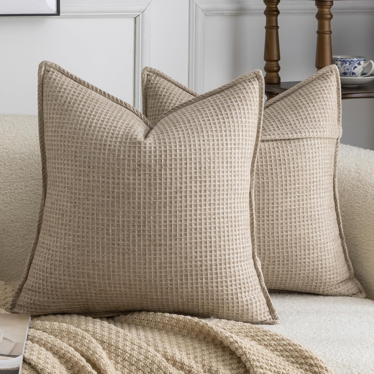Madizz Pack of 2 Decorative Cushion Covers 40x40 CM Taupe Linen Blend Throw Pillows Soft Solid Textured Pillow Covers for Couch Sofa Bedroom Living Room