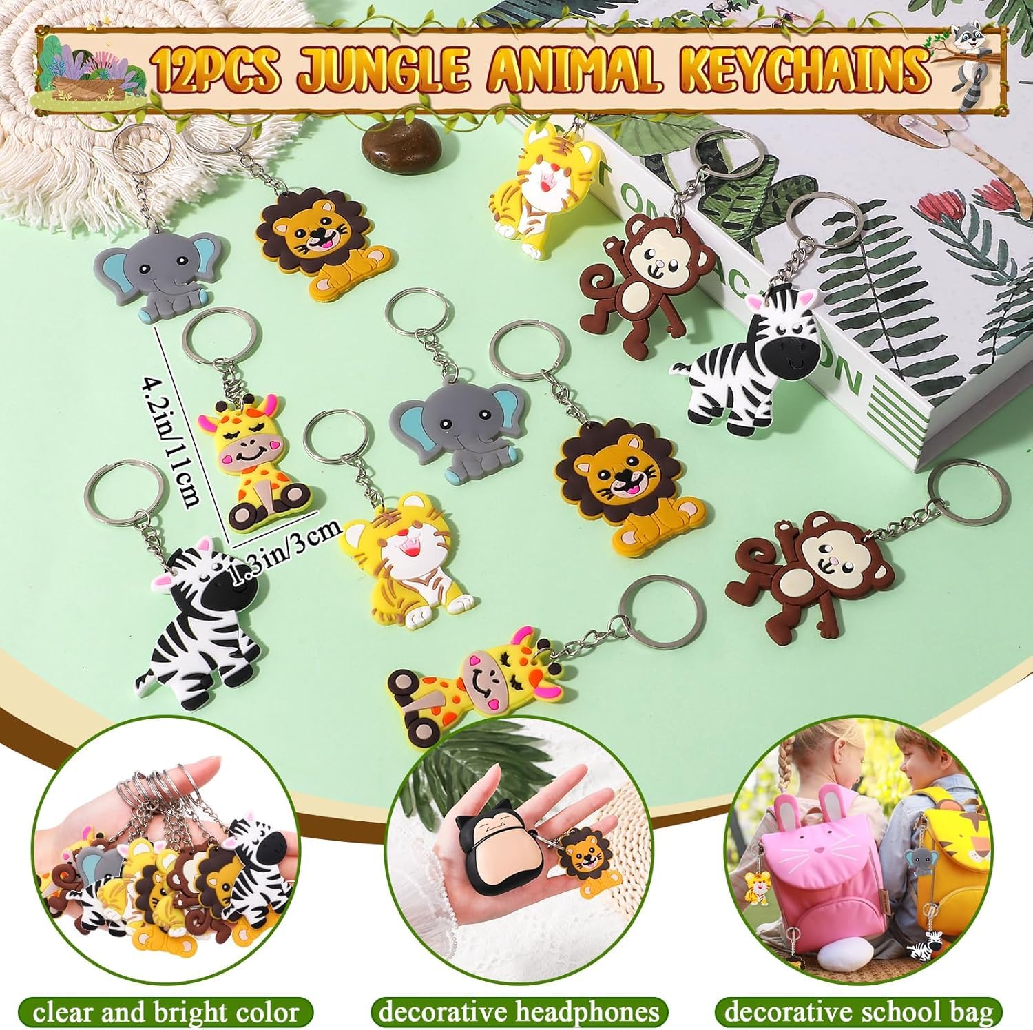 Cleboen 48 Pezzi Animal Gadget Compleanno Festa Animal Borse Coulisse Braccialetti in Silicone Portachiavi Tatuaggi Adesivi per Bambino Giungla Party Bomboniere Regalo