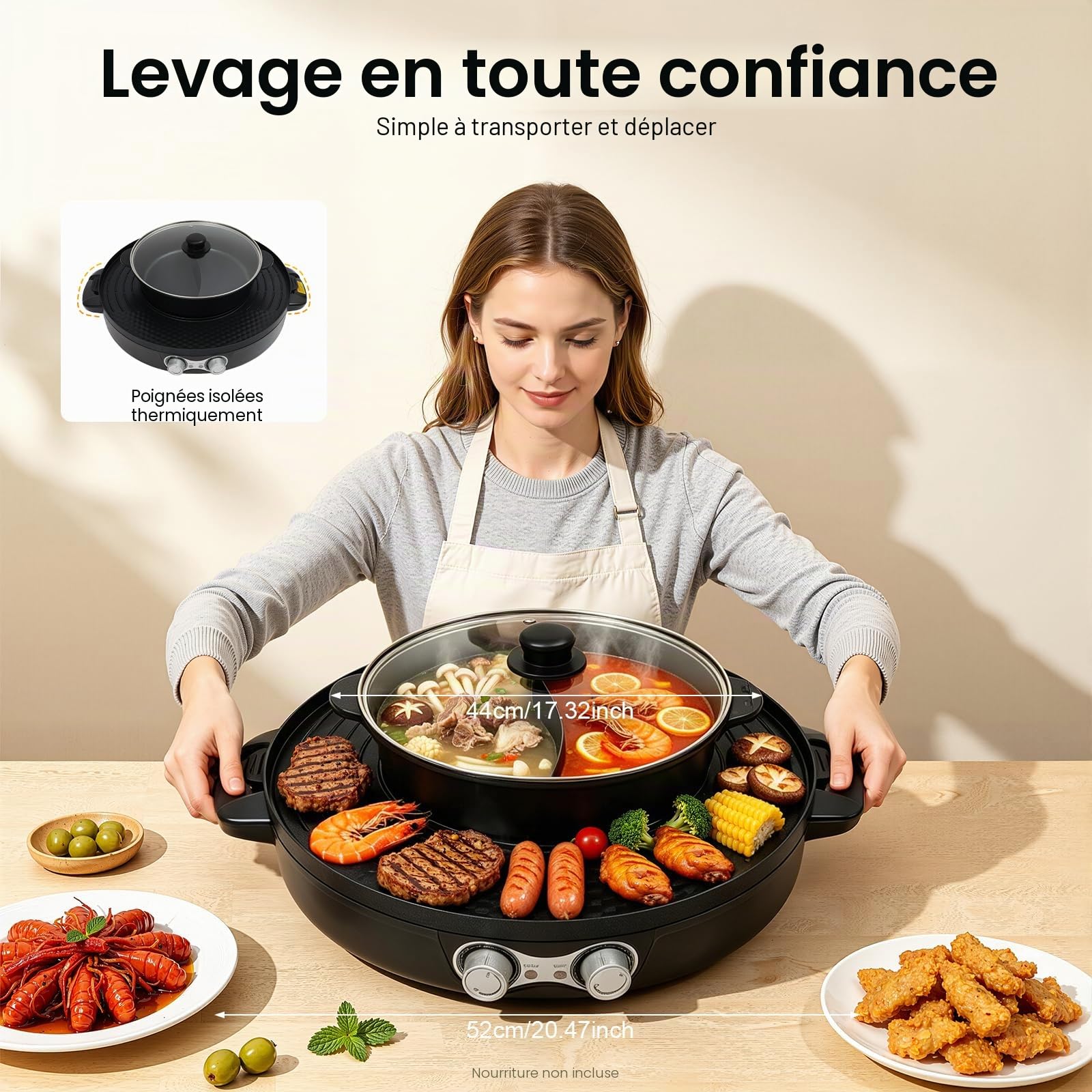 Hotpot et raclette 2 en 1, élément chauffant électrique en acier inoxydable, barbecue coréen, revêtement anti-adhésif, Hotpot pour mijoter, cuisiner, rôtir