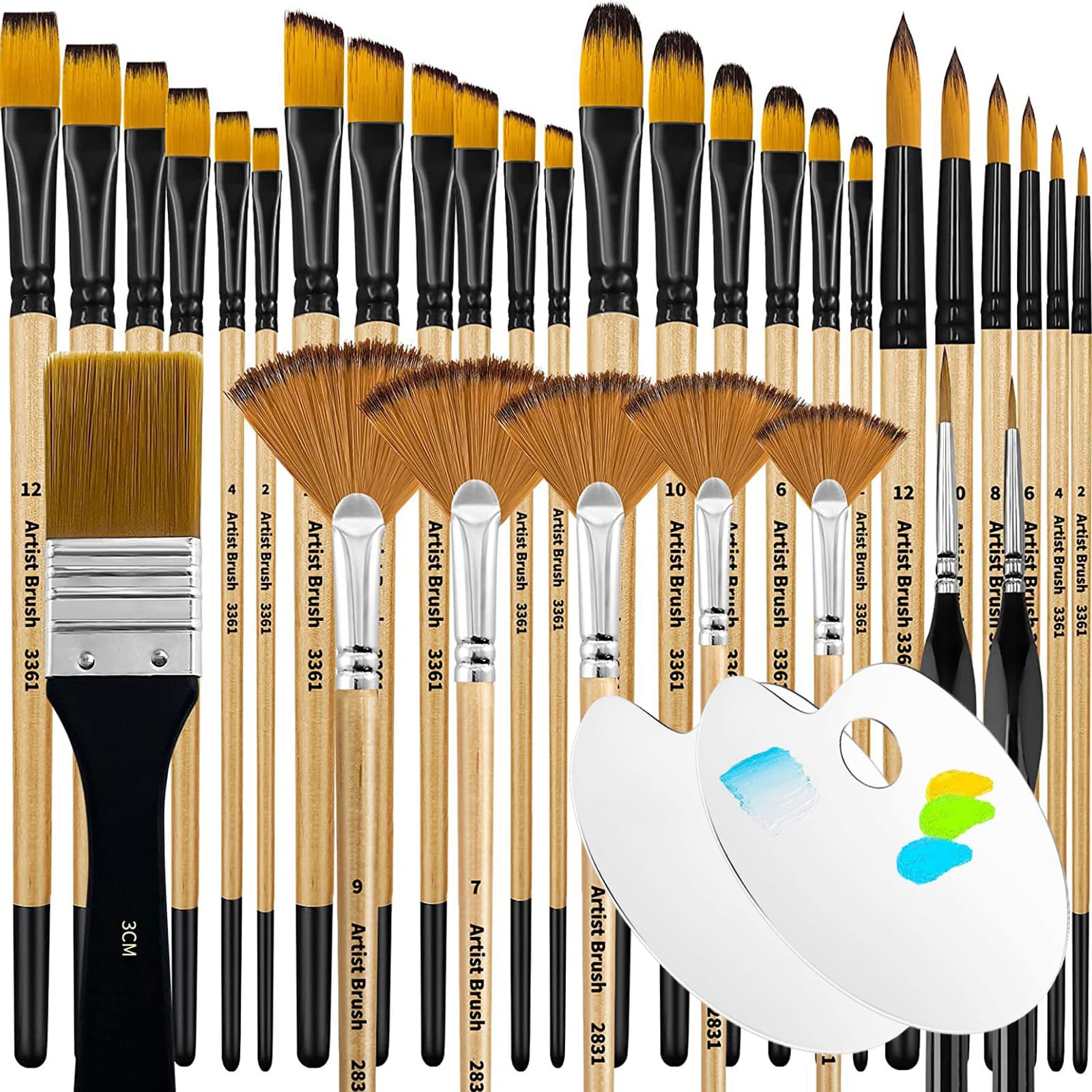 Ziyero Pinceles Pintura Acrilica, 32 Pinceles Profesionales y 2 Paleta Acuarela para Acrilica, Acuarela, Gouache, Óleo, Ideal para Principiantes y Profesionales.