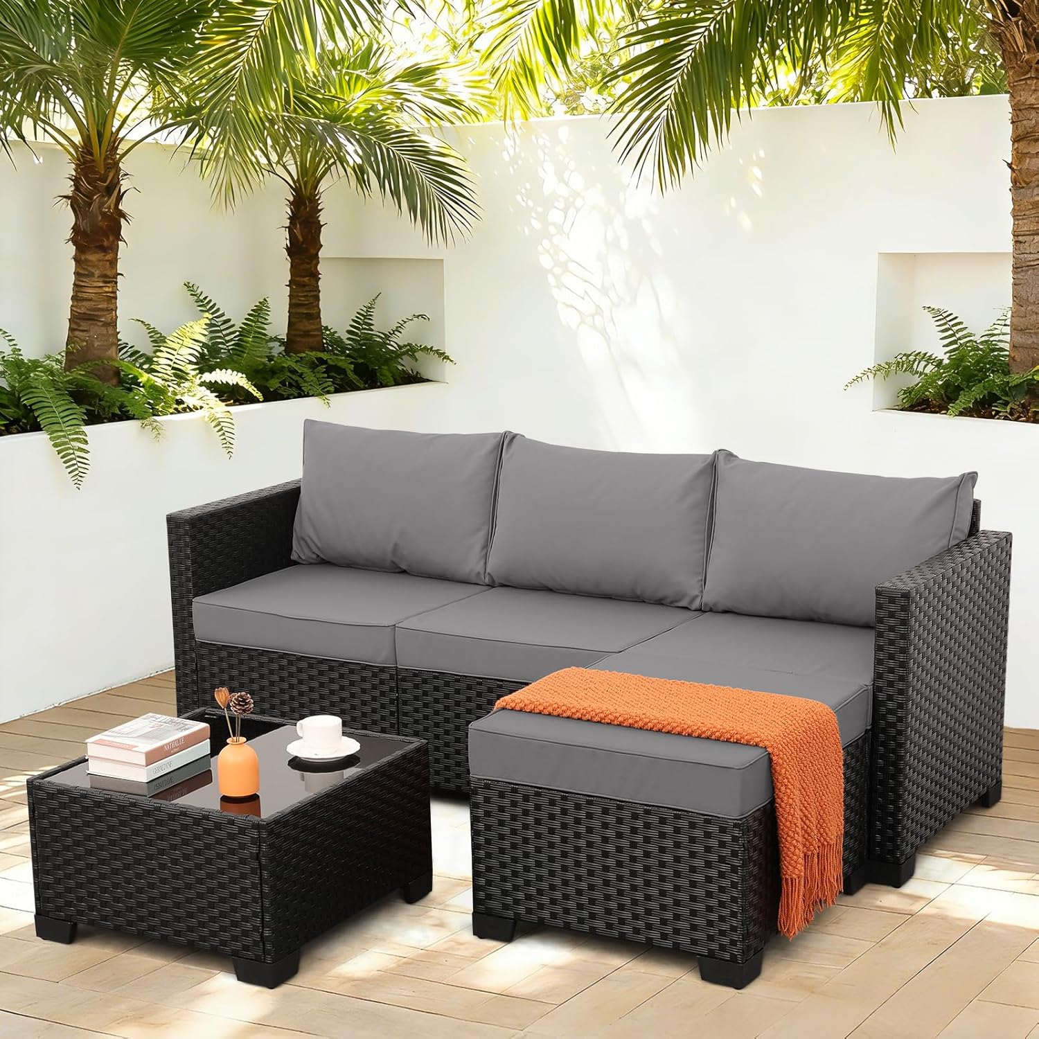 Wicker Patio Furniture Patio Couch 3 Pieces Outdoor Sectional with Ottoman and Outdoor Glass Table Weathering Anti-Slip Cushions Furniture Covers, Light Grey