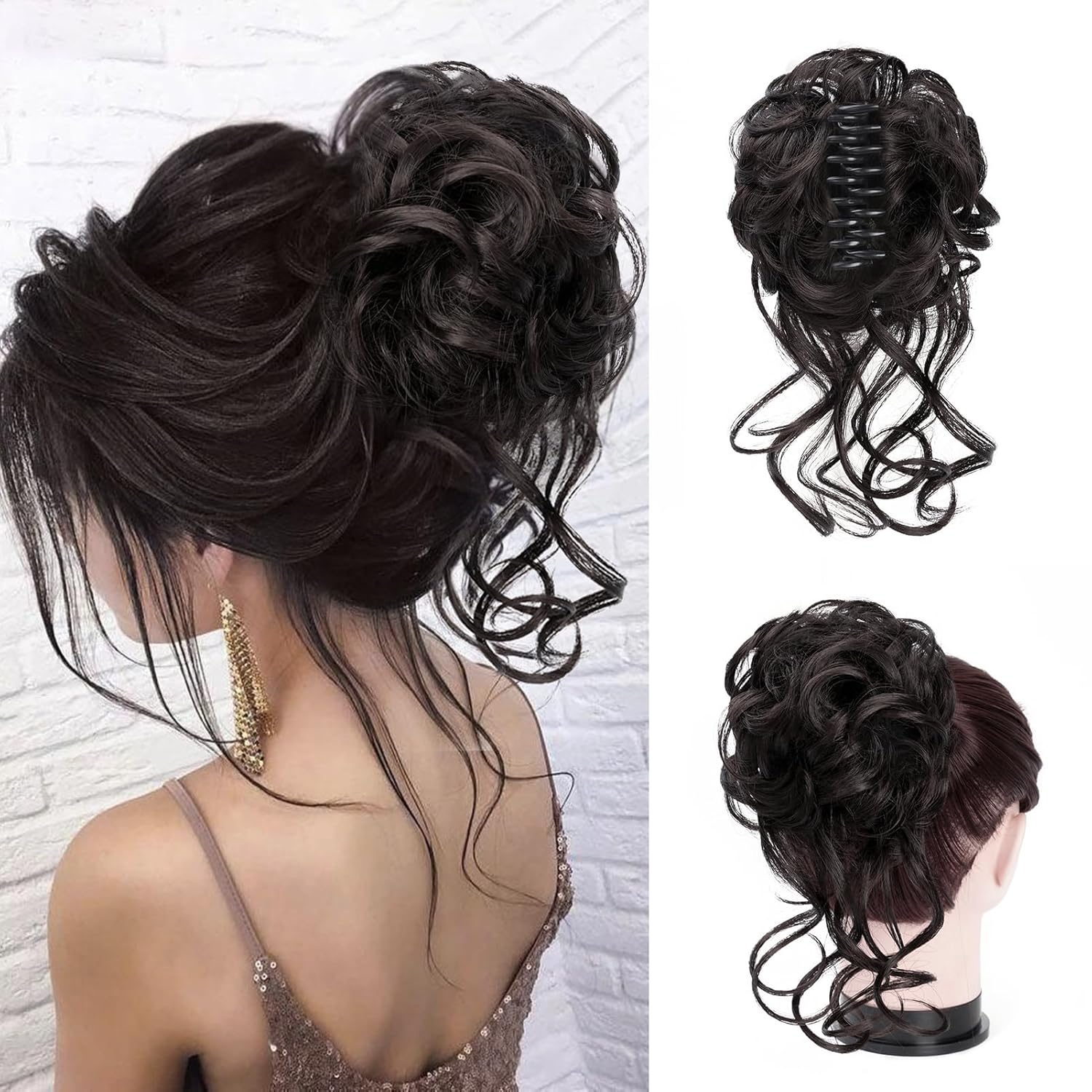 Messy Bun, Fake Hair Bun Hair Pieces for Women, Messy Bun Hair Piece Clip on Bun Extensions, Curly Hairpieces for Women Daily Wedding Use(Darkest Brown Tend to Black)