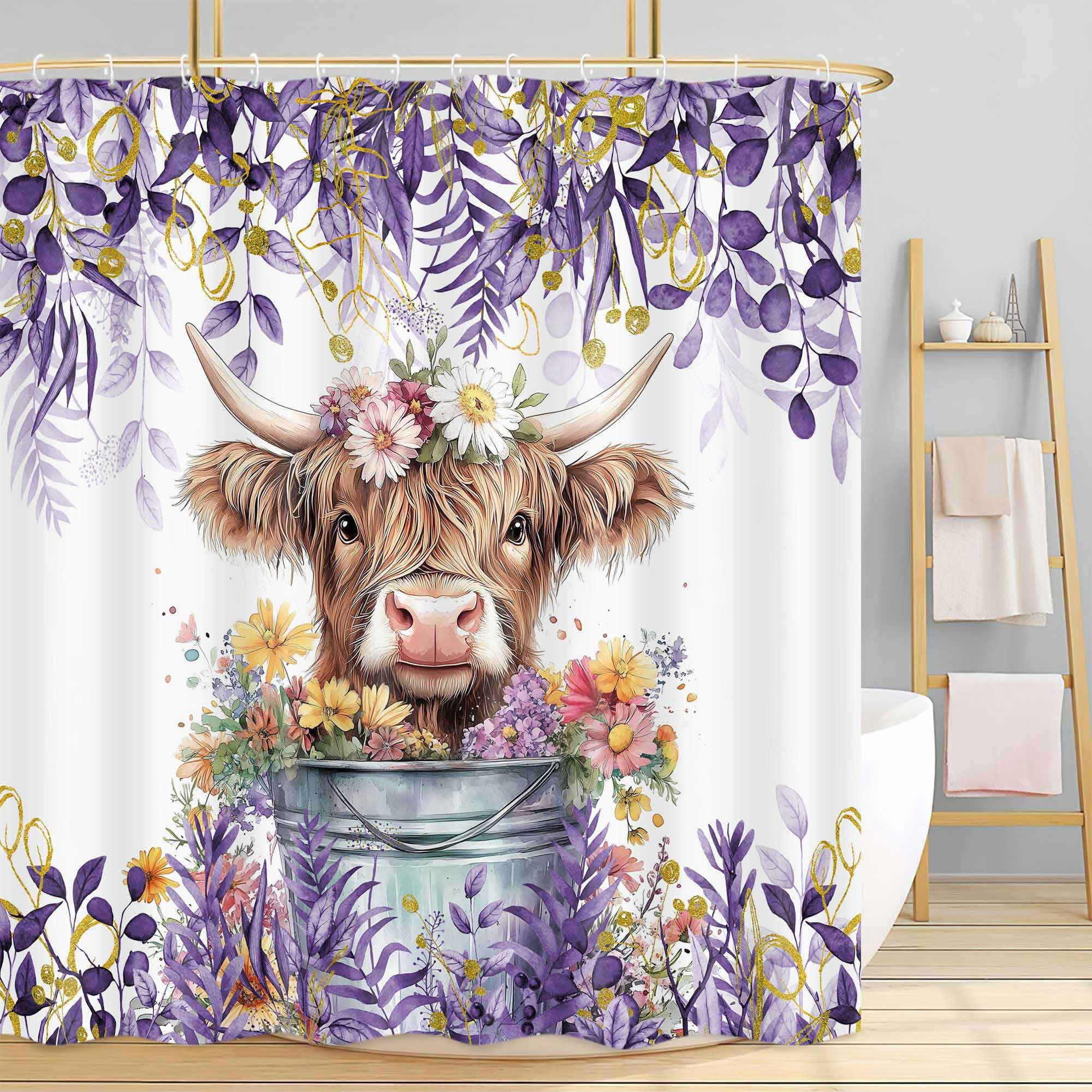 Mtsxfy Purple Shower Curtain, Boho Plant Eucalyptus Leaves Floral Funny Highland Cow Bath Curtain, Farmhouse Animals Bathroom Accessories Botanical for Bathroom Curtain Set with Hooks, 48X70in