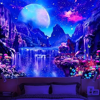 Blacklight Posters Space Tapestry for Bedroom Black Light Waterfall Landscape Wall Hanging UV Reactive Moon Galaxy Tapestr...
