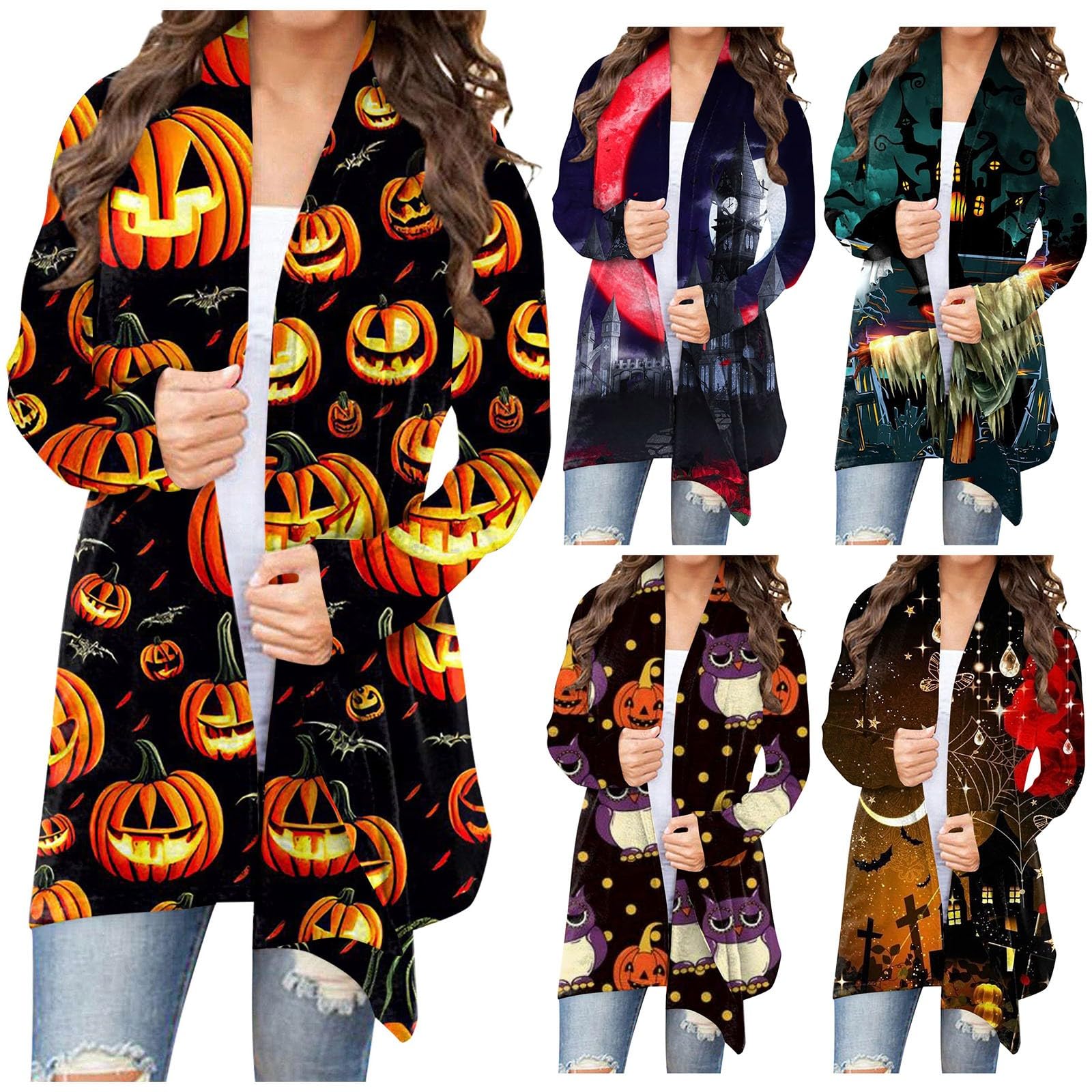 Women's Fashion Casual Halloween Floral Print Medium Length Cardigan Jacket Coat KXC6CBXZ901