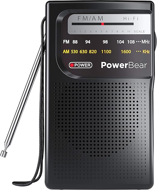 PowerBear Portable Radio | AM/FM, 2AA Battery Operated with Long Range Reception for Indoor, Outdoor & Emergency Use | Radio with Speaker & Headphone Jack (Black)