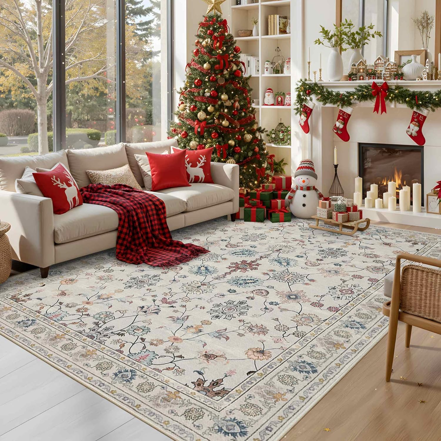 Floral Rug for Living Room Bedroom, 6x9 Washable Rug, Vintage Boho Area Rug, Large Non Slip Low Pile Wool Carpet for Indoor Dining Room,Girls Room,Nursery Room and Kids Room(Grey 6x9ft) Grey 6' x 9' (Rectangular)