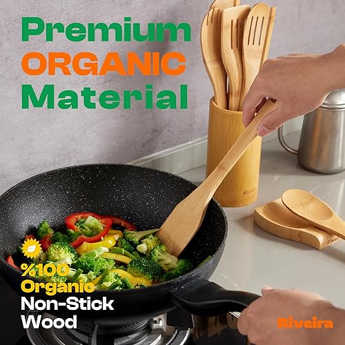 Miniatura 2 de Riveira Cucharas de madera de bambú para cocinar, 6 piezas, espátula de madera esencial de apartamento, cuchara antiadherente, juego de utensilios