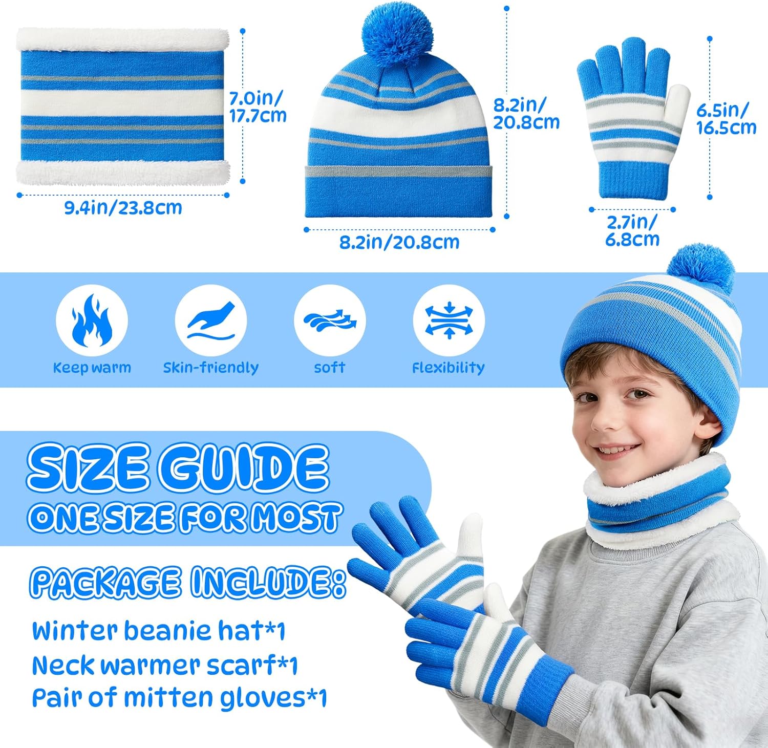 OZERO 2&3Pcs Kids Winter Knit Hat Gloves Scarf Set Warm Fleece Lining Thermal Beanie for 3-8 Year Boys and Girls - Image 4
