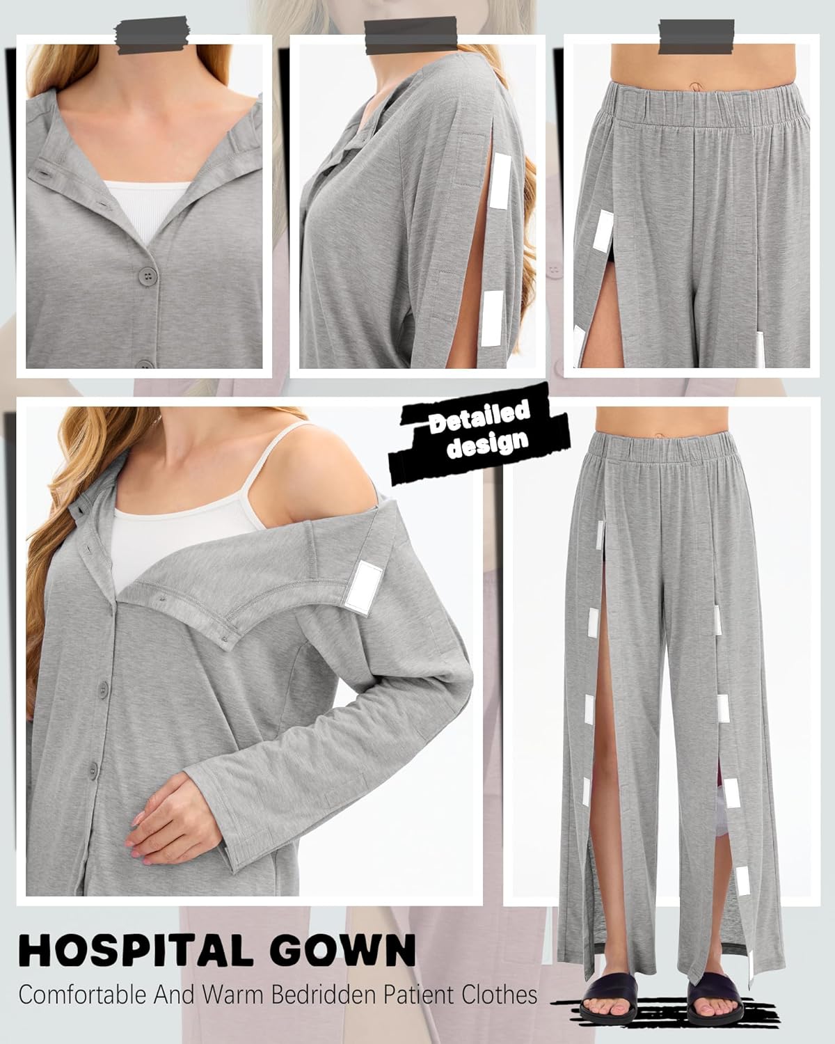 Women's Bedridden Clothes Tear Away Post Suits Full Opening on Both Sides Long Sleeve Hospital Gowns