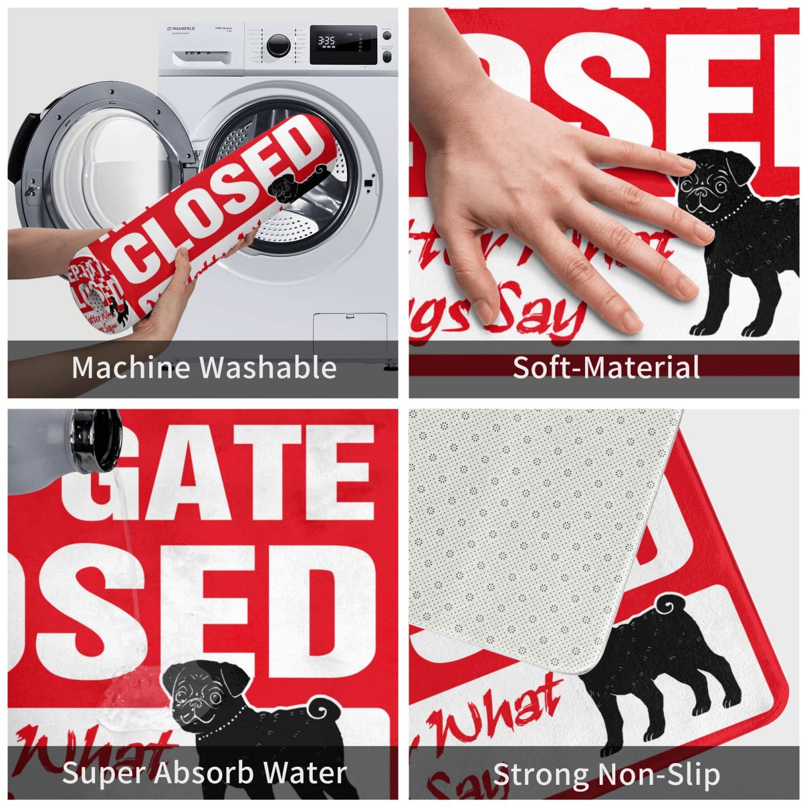 Zerbino per dormitorio con scritta "Keep Gate Closed Noter What The Pug Say", zerbino autunnale per interni (65 x 90 cm)