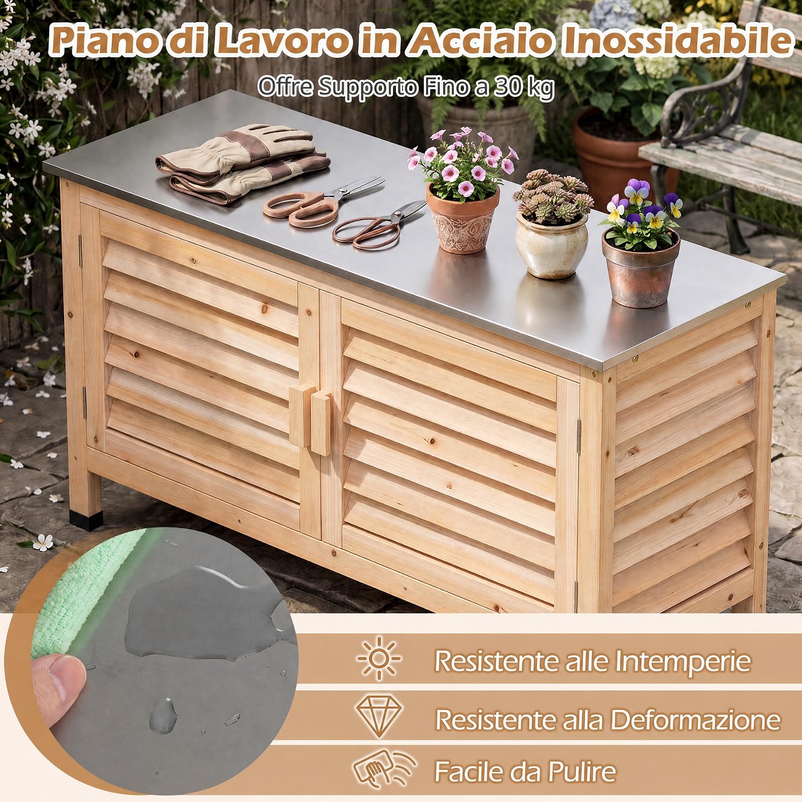 COSTWAY Cassapanca da Giardino in Legno di Abete, 109 x 40,5 x 61,5 cm | Armadio da Esterno con Piano in Acciaio Inox, 2 Ante a Persiana e Ripiano a L Rimovibili, per Terrazza, Cortile e Balcone