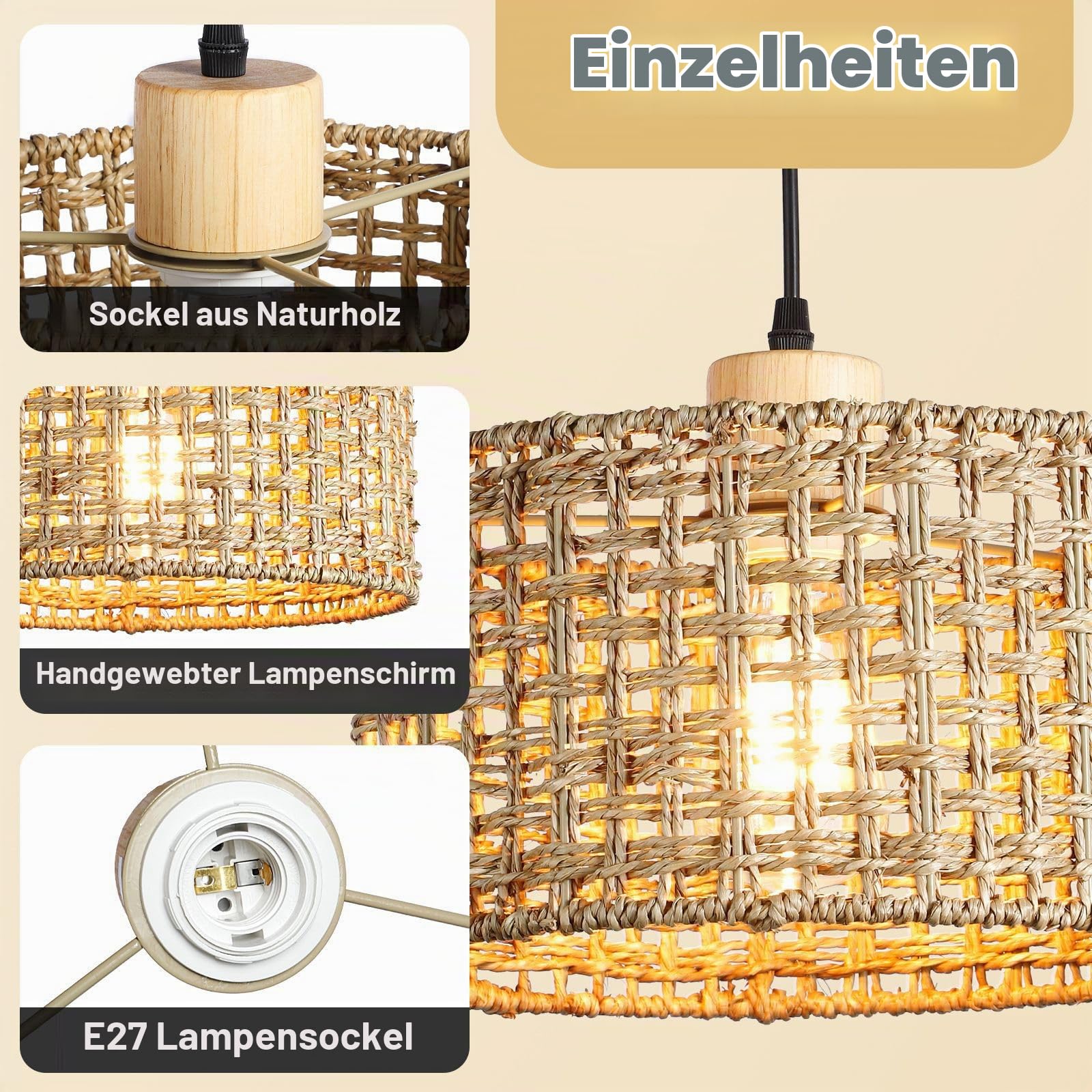 KZT Bambus Pendelleuchte mit Batterie und Fernbedienung Batteriebetriebene Hängeleuchte Rattan Hängelampe Mit 10.000 mAh RGB wiederaufladbaren Glühbirnen für Küche, Keine Verkabelung erforderlich