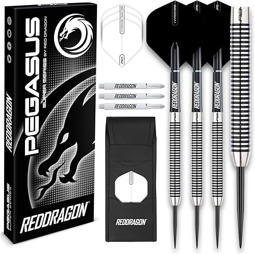 RED DRAGON Pegasus Professional Tungsten Steeltip Darts Set Available in 21, 23, 24, 25, 26, 28, 30 Gram with Flights, Stems (Shafts) and Wallet