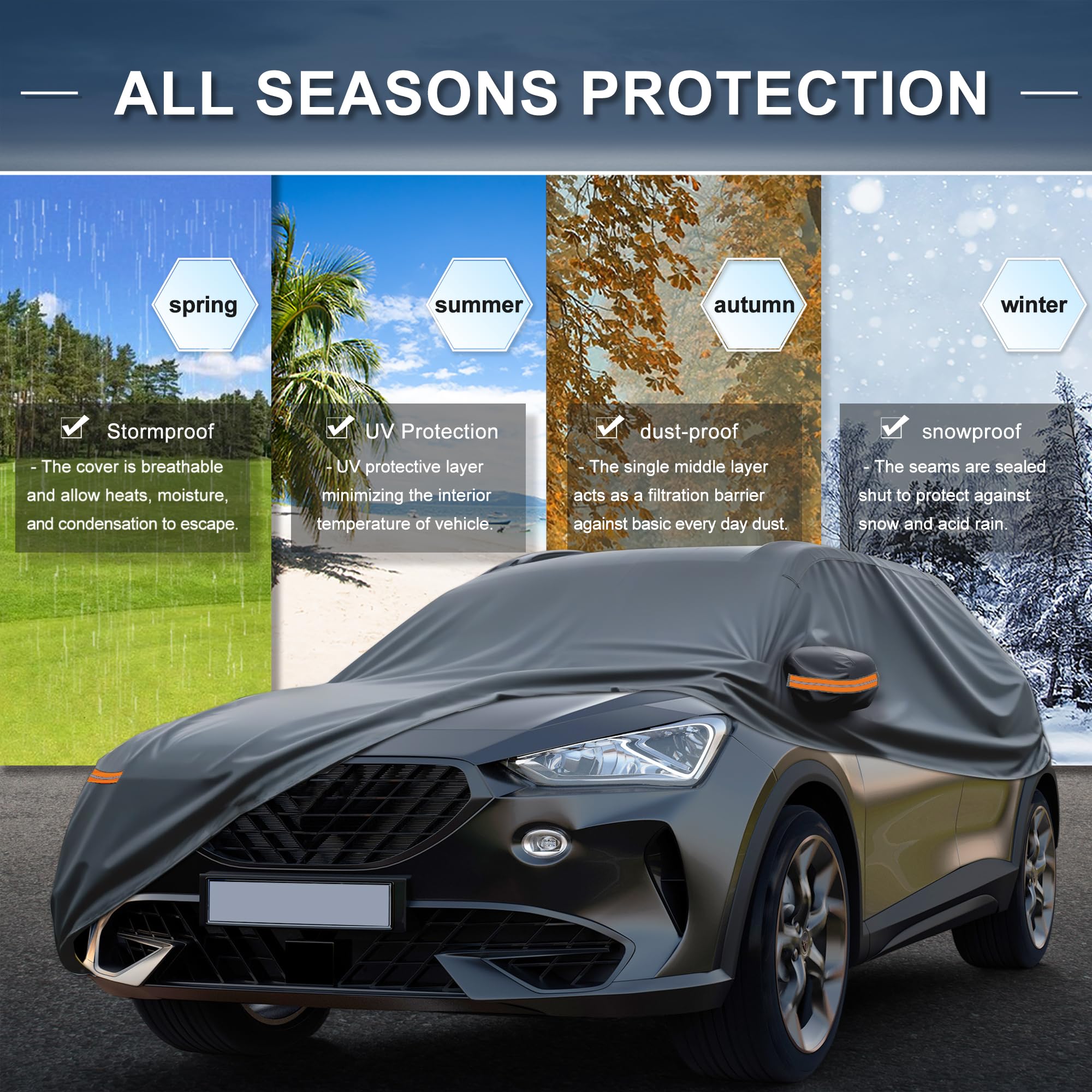 X AUTOHAUX Wodoodporna osłona samochodu folia aluminiowa samochód na zewnątrz pełna osłona samochodu do Hyundai Tucson z zamkiem błyskawicznym drzwi kierowcy 475 x 186 x 150 cm / 187,01 x 73,23 cala x