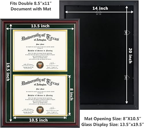 Miniatura 3 de GraduationMall Marco de diploma doble de 8.5 x 11 pulgadas, madera maciza y acrílico con protección UV, acabado cereza con borde dorado, verde