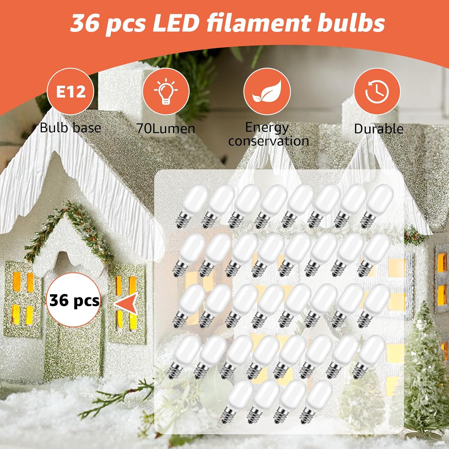 36PCS Christmas Village Replacement Light Bulbs-T20 Replacement Led Light Bulb,E12 Candelabra Base 0.7W 120V LED for Village Houses,Christmas Tree,Dept 56,Halloween Pumpkin Decor Accessories