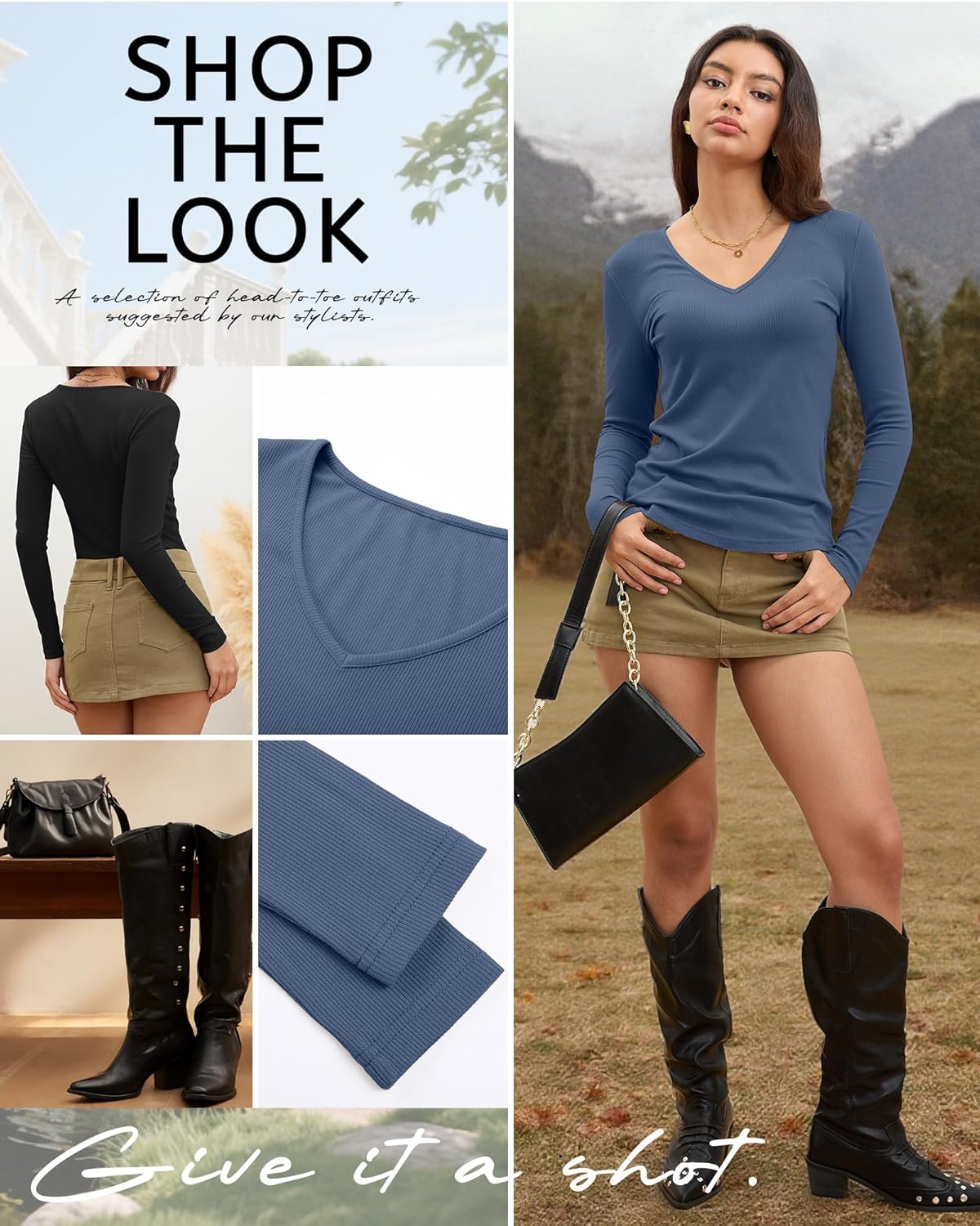 Ficerd 3 Pack Women's Long Sleeve T Shirts Cotton V Neck Slim Fit Tops Ribbed Knit Layering Casual Basic Tees Fall - Image 6