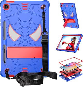 Dteck for Galaxy Tab S6 Lite 10.4" SM-P610/P613/P620 Shockproof Case with Kickstand/S Pen Holder/Shoulder Strap, 3 Layers Protection, Protective Rugged Cute Cool Spider Hard Shell Cover, Blue/Red