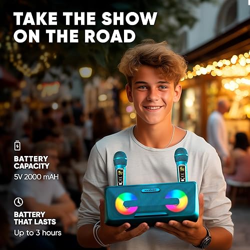 Miniatura 26 de MASINGO máquina de karaoke para adultos y niños, con altavoces Bluetooth portátiles, 2 micrófonos inalámbricos, luces LED, sistema PA y modo karaoke