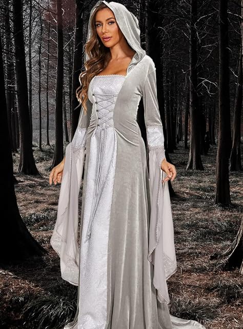 Foto 4 de 7 de jakloz Disfraz de Halloween para mujer, estilo medieval, renacentista, con capucha, vestido gótico