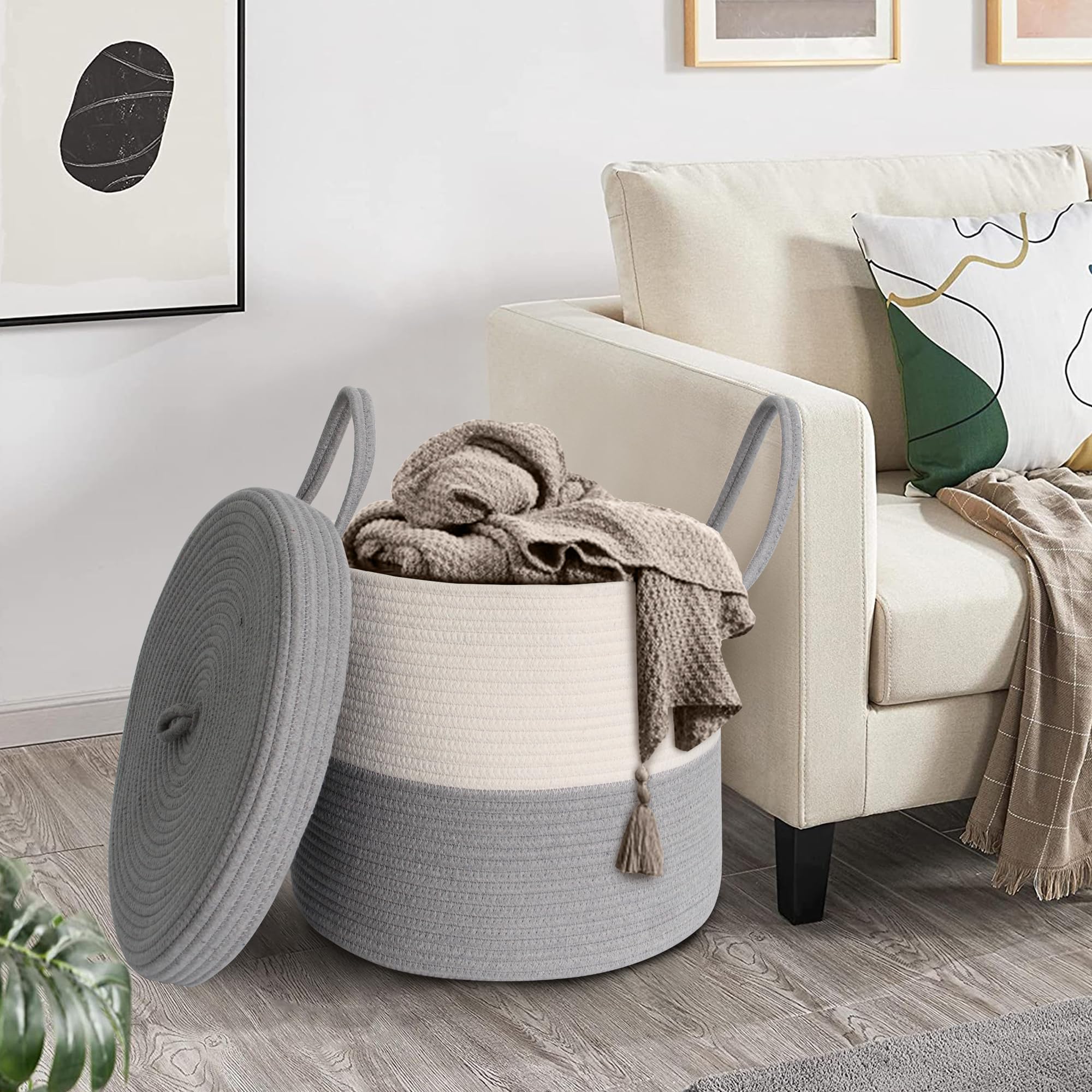 HONCESTA Storage Basket with Lid, Blanket Basket Living Room