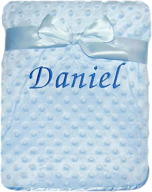 Baby Boy Girl Personalised Blanket Embroidered Name Bobble Pink Blue White Grey (Blue Bobble Blanket)