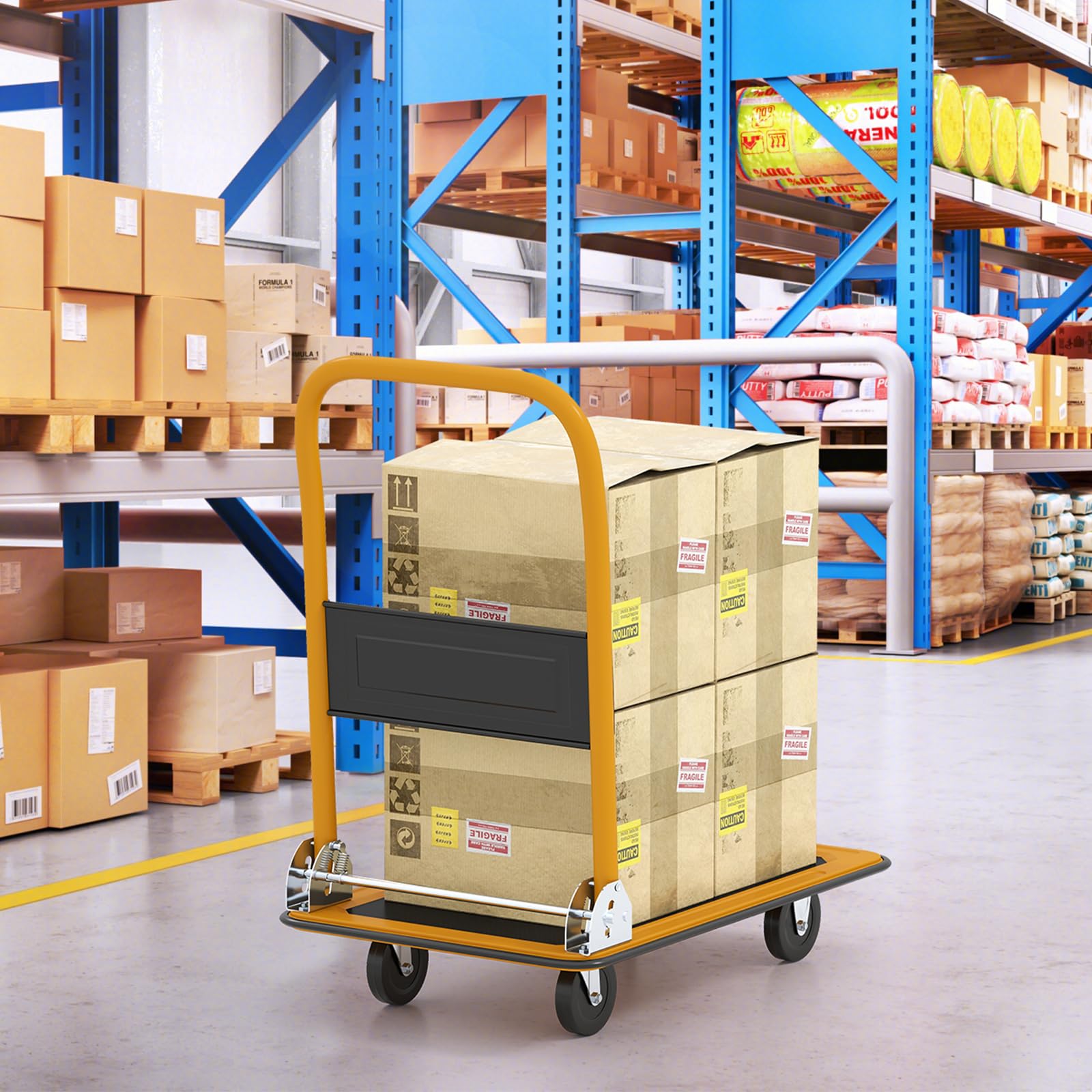 SOARS Carro de Plataforma, Carro Plegable con Rueda, Capacidad 150 KG, con Plataforma Antideslizante, 4 Ruedas, para Transporte, Manejo y Demenagement, 73 X 48 X 83 CM (Negro+Amarillo)