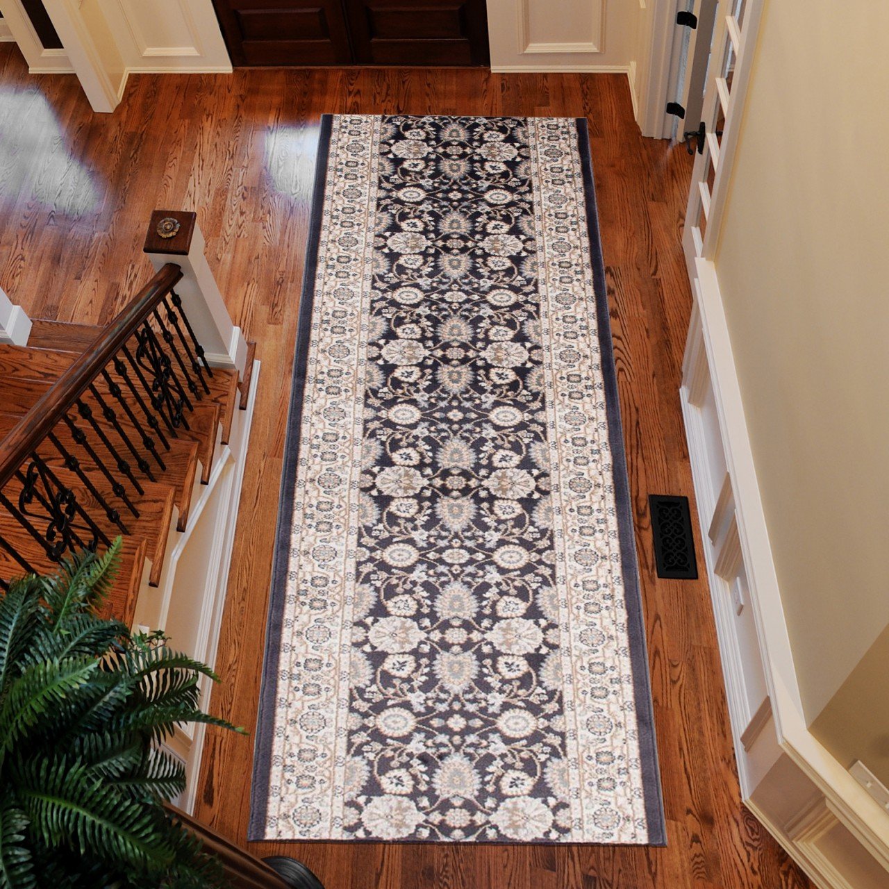 Tapiso Colorado chodnik, dywan na korytarz, klasyczny krótkie runo, orientalny, kremowy, antracyt, kwiatowy wzór, Ökotex 80 x 300 cm