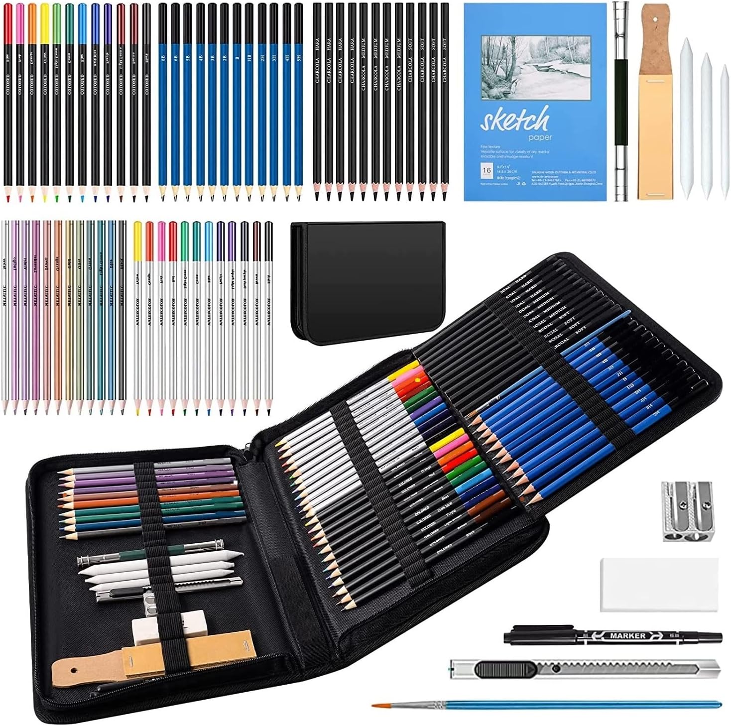 73 Pc Sketching Kit 40 Pc Colour Pencil Drawing Pencils for Artists Kit A5 Sketch Book Charcoal Pencil Art Supplies for Artist Sketch Pencils Set for Artists Drawing Kit