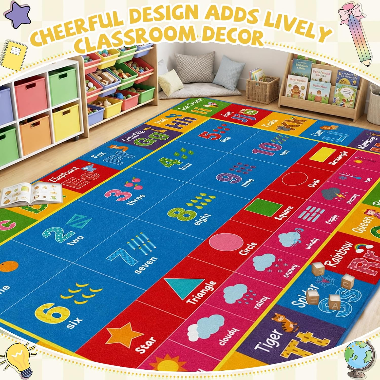 5x7.6 ft Large ABC Alphabet Classroom Rug Colorful Educational Area Mat Alphabets Shape Animal Fruit Play Carpet Educational Learning Mat for Back to School Preschool Nursery Kindergarten (Alphabet)