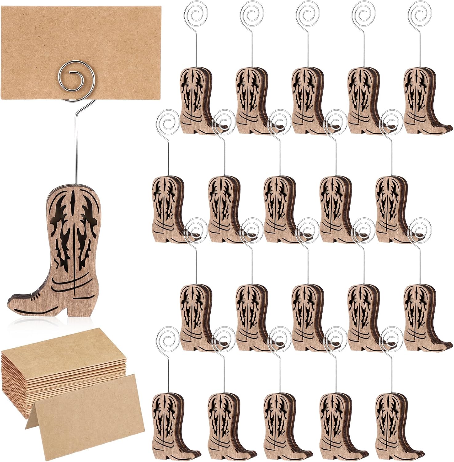 Havawish 20 Set Wood Cowboy Boot Place Card Holders and Kraft Table Place Cards Cowboy Boots Table Number Photo Holders Menu Memo Clips Decorations for Wedding Party Favors