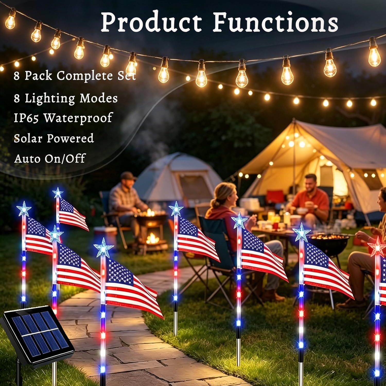 8Pack Solar American Flag Pathway Lights – Patriotic Red, White & Blue LED Outdoor Stake Lights with 8 Modes, Perfect for 4th of July, Memorial Day & Independence Day Yard Decor (8PCS)