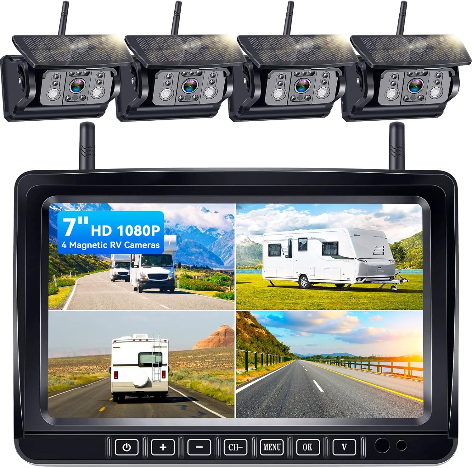 4 Magnetic Wireless Backup Camera for Trailer: Easy Install HD 1080P RV Camera System with 7" Touch Key Recording Monitor, Solar Powered, Long-Lasting, Strong Signal
