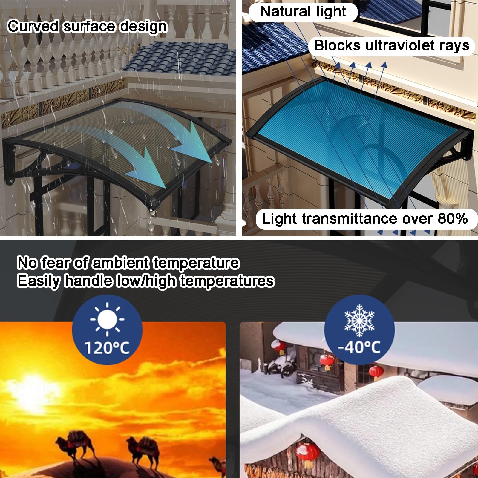 Stores Extérieurs pour Porte D'entrée, Panneau Transparent en Polycarbonate et Support en Aluminium, Auvent de Terrasse Extérieur(Blue,60 * 120cm/24 * 47in)